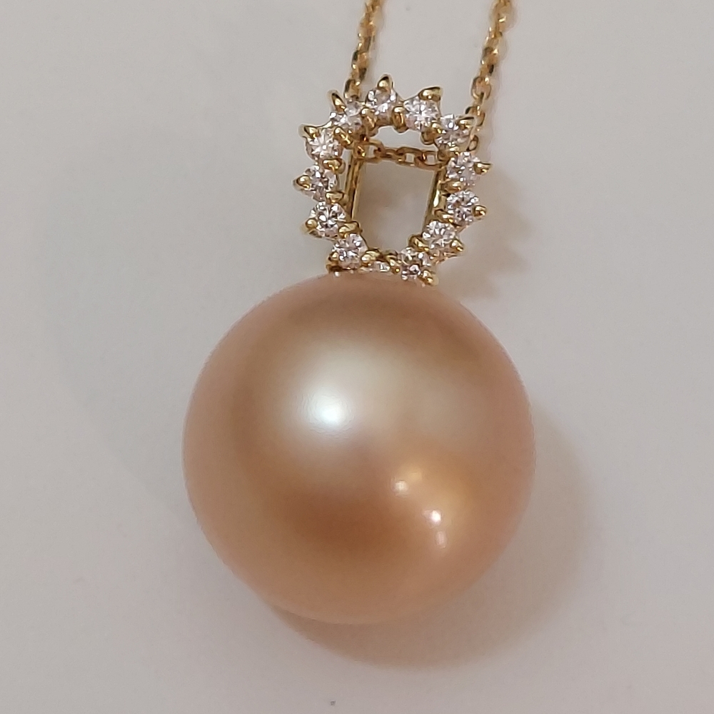 18K Yellow Gold Golden South Sea Pearl Diamond Pendant Necklace - Picture 4 of 14
